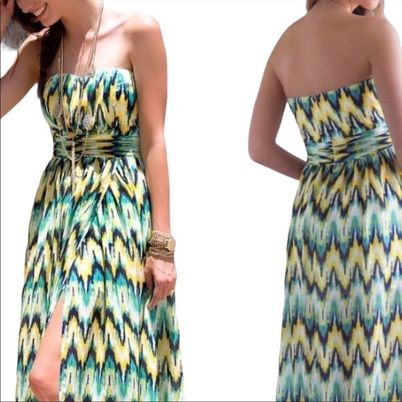 FRANCESCA’S HARPER NWT Chevron Stripe Strapless Maxi Dress Size Medium in Citrus - Picture 1 of 16